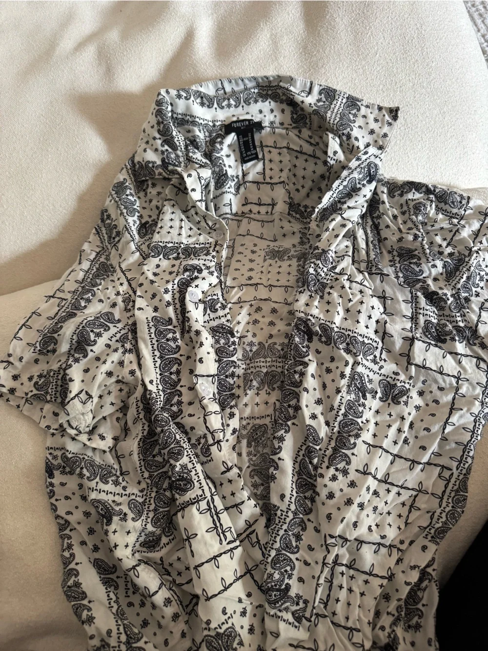 Forever 21 White Button-Down Shirt with Black Paisley Print